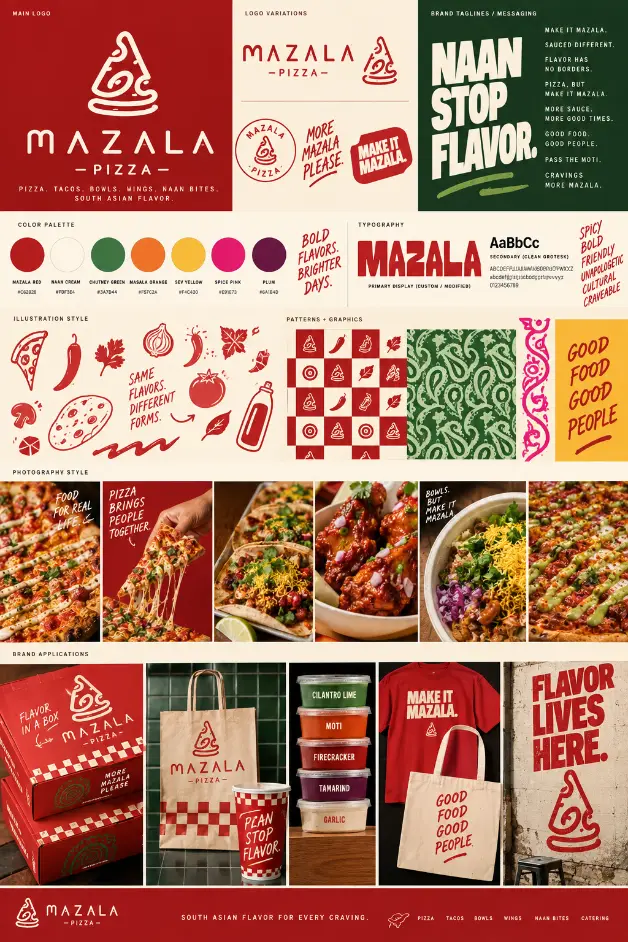 Direction moodboard: logo, palette, type, illustrations, patterns, and brand applications