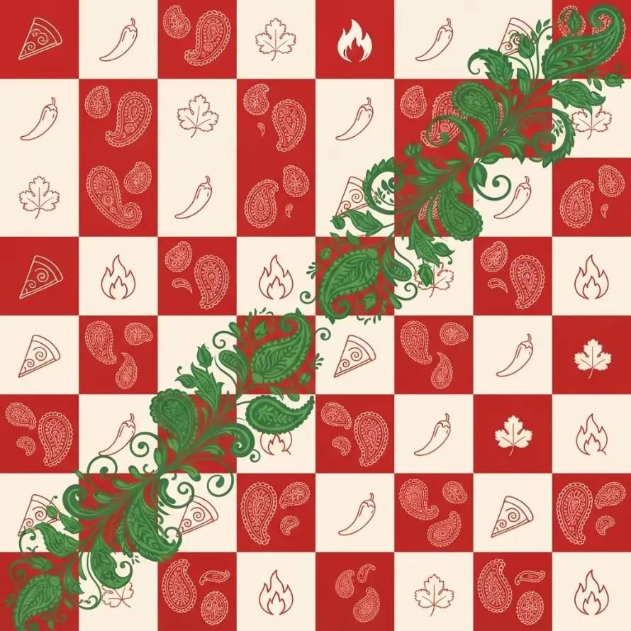 Red and cream checkerboard pattern with pizza-slice, chili, and paisley icons