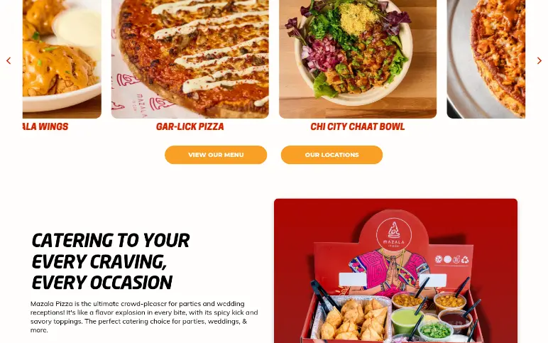 Live homepage catering section with a generic italic heading and orange pill buttons