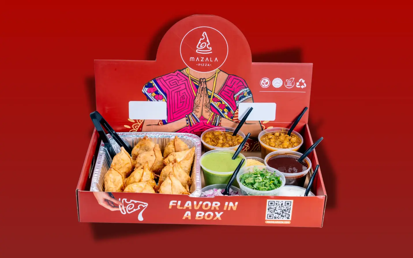 Flavor in a Box catering box with pink illustration, samosas, and chutneys